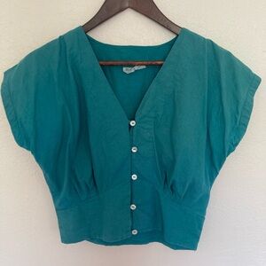 Teal 100% Cotton V-Neck Blouse